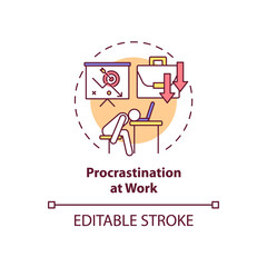 Procrastination at work concept icon. Burnout symptom. Overworked manager at workplace. Self control problem idea thin line illustration. Vector isolated outline RGB color drawing. Editable stroke