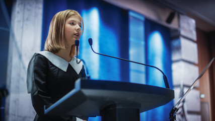 Portrait of an Young Girl Activist Delivering an Emotional and Powerful Speech at a Press...