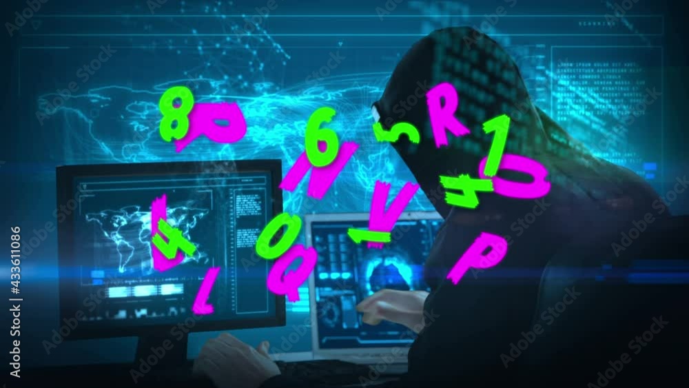 Poster animation of floating letters numbers and data processing over caucasian man using computer