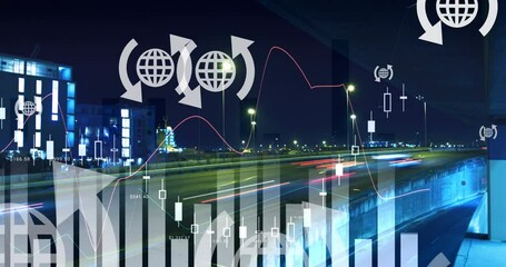 Animation of globe icons and statistics processing over road traffic at night - Powered by Adobe