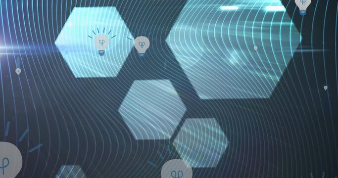 Animation of light bulb icons over blue hexagons and light trails