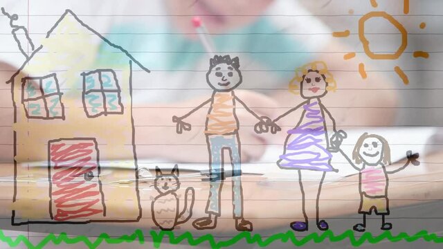 Animation of hand drawn family on ruled paper over schoolboy writing