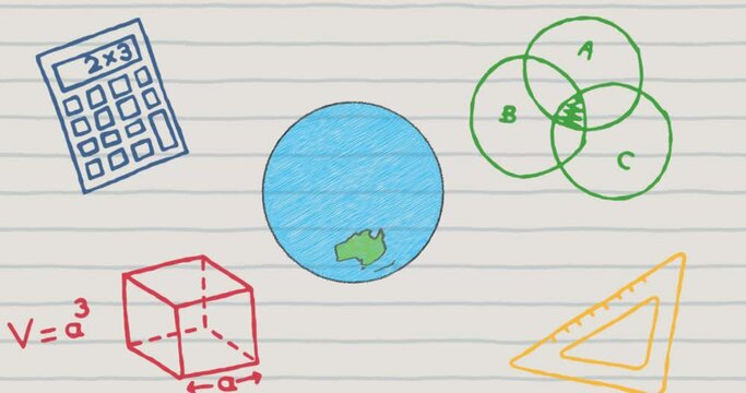Animation of hand drawn globe and school icons on ruled paper