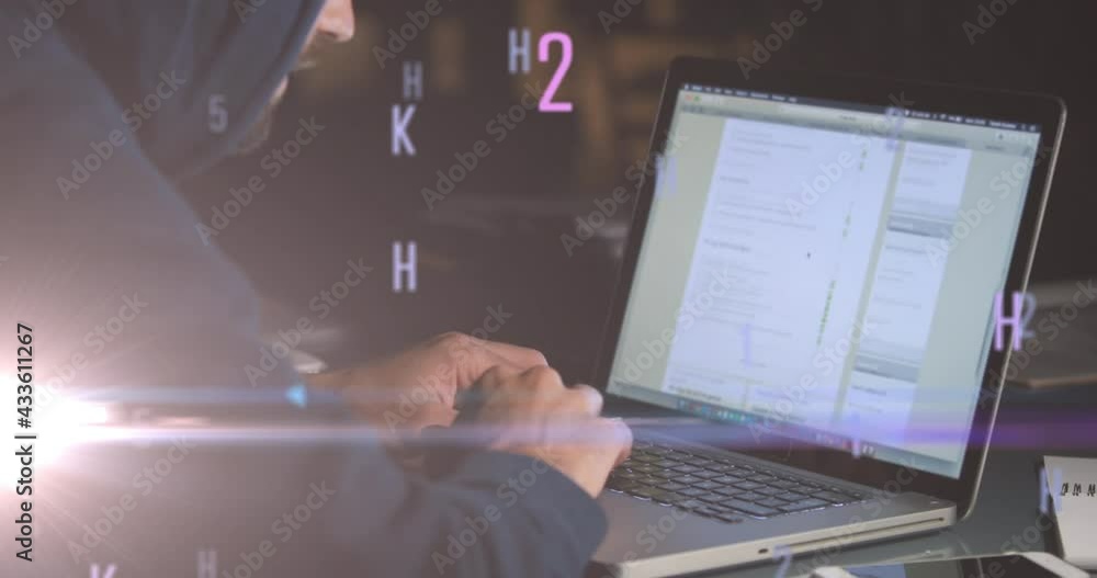 Poster animation of floating numbers and letters over caucasian man using laptop