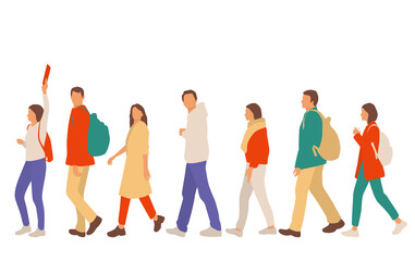 Obraz premium Set of young men and women, different colors, cartoon character, group of silhouettes of walking business people, students, the design concept of flat icon, isolated on white background
