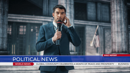 Anchorman Reporting Breaking News Live Outside an United States of America Parliament, Court or Other Government Building with Columns. Newsreader Delivers Political News on Television. - obrazy, fototapety, plakaty