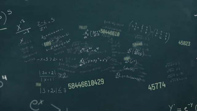 Animation of numbers and mathematical equations on black background