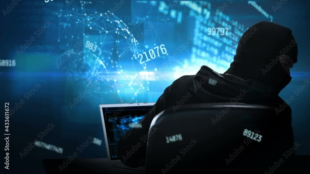 Poster animation of numbers and data processing over hacker using computer