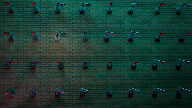 Dark brick wall with lots of cctv security cameras with glowing red lights. Background image 3d redner. metaphor of big brother AI artificial intelligence totalitarism civil rights restriction.