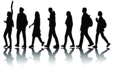 Vector silhouettes of  men, women and teenager, a group of walking  business people with shadow, black  color isolated on white background