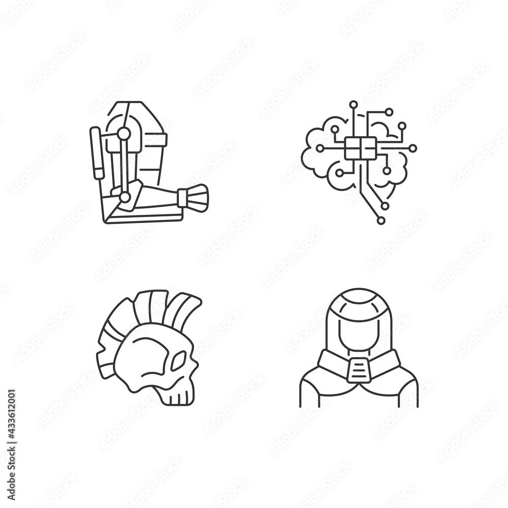 Poster cyberpunk augmentations linear icons set. innovative exoskeleton. brain microcircuit. customizable t