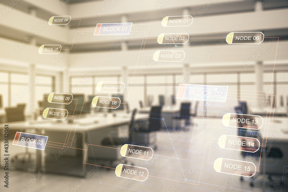 Poster abstract virtual coding illustration on a modern furnished classroom background, software developmen