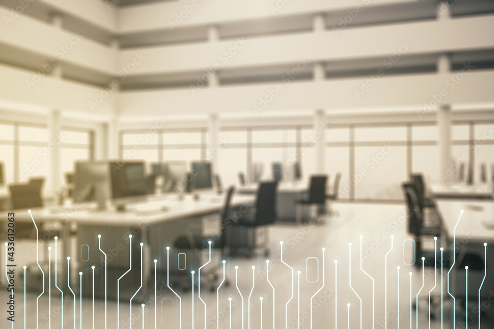 Aufkleber Double exposure of abstract virtual circuit hologram on modern corporate office background. Research and development hardware concept