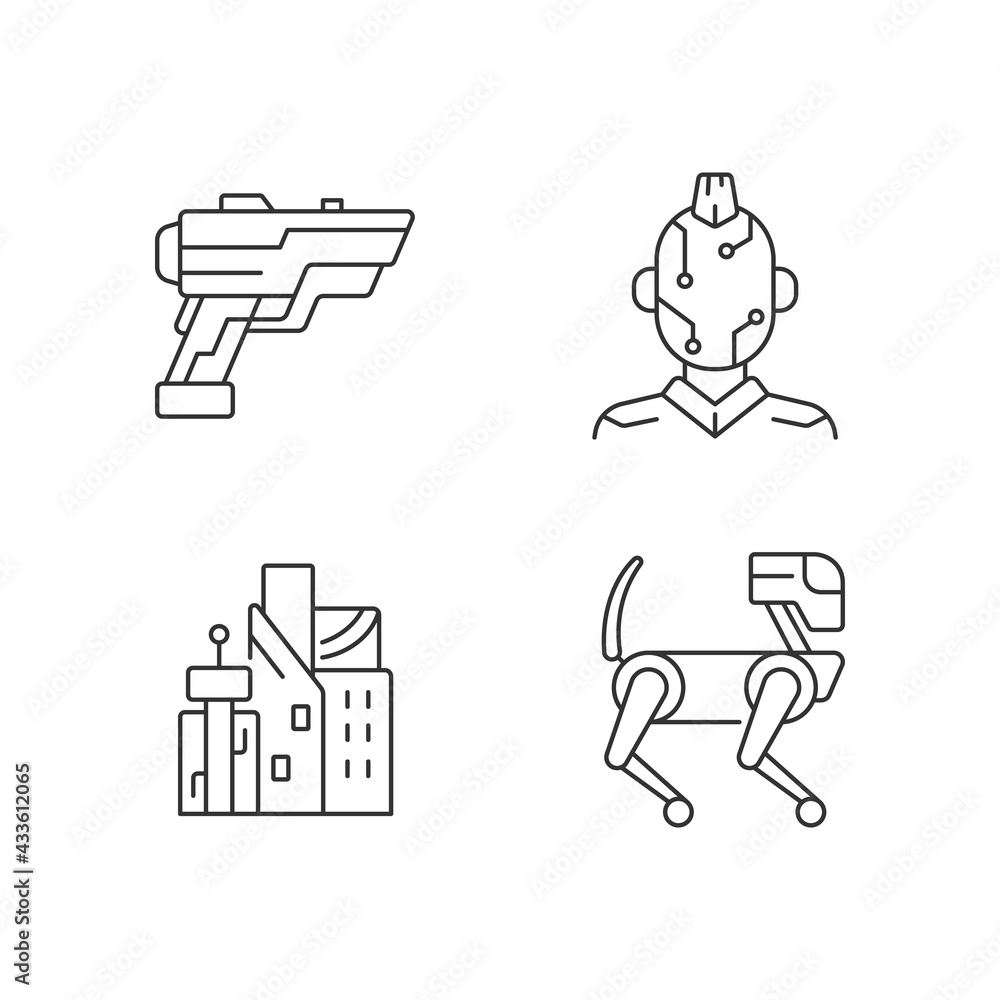Poster cyberpunk items linear icons set. laser gun. face microcircuit. cyberpunk city. animal robot. custom