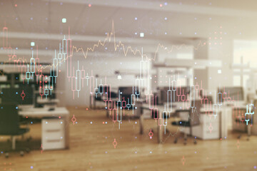 Obraz premium Double exposure of abstract creative financial chart hologram on modern corporate office background, research and strategy concept