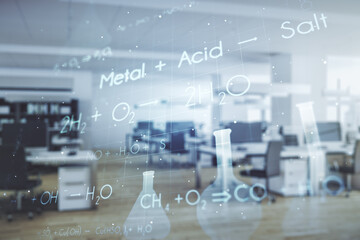 Abstract virtual creative chemistry hologram on a modern furnished office background. Multiexposure
