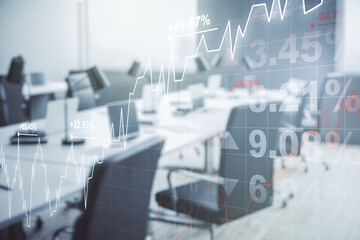 Fototapeta premium Abstract virtual financial graph hologram on a modern furnished classroom background, financial and trading concept. Multiexposure