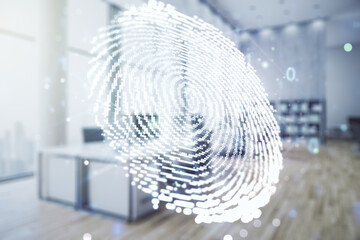 Double exposure of virtual creative fingerprint hologram on modern corporate office background, research and development concept