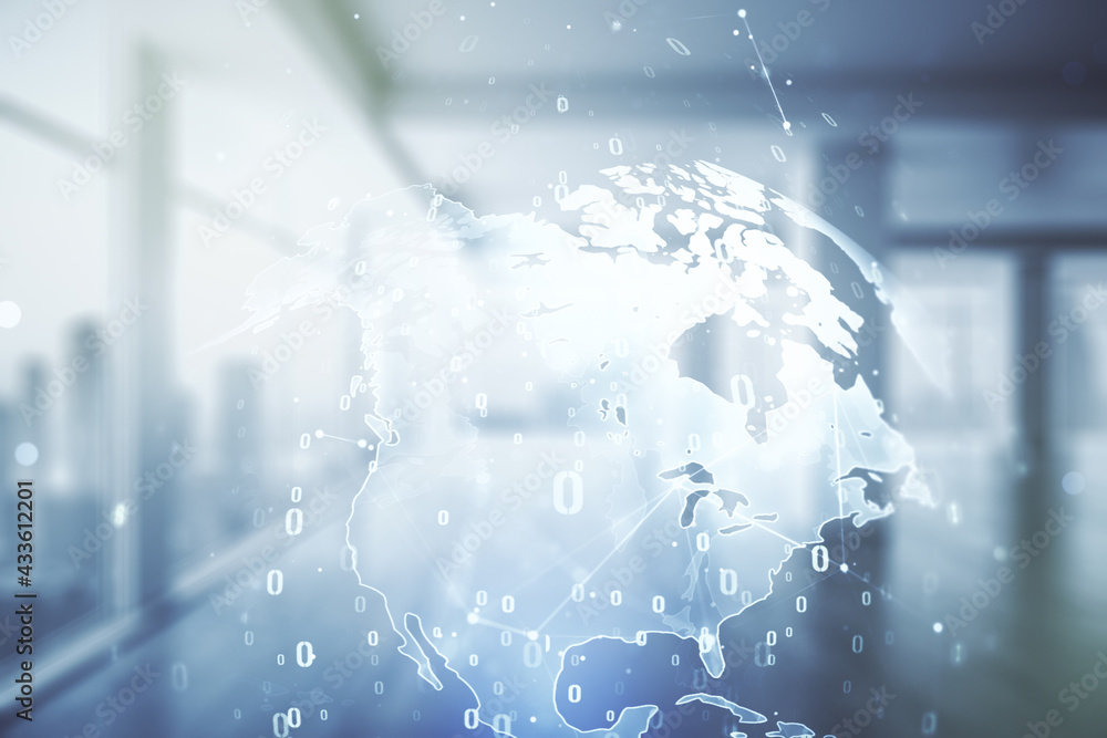 Aufkleber double exposure of abstract programming language hologram and world map on empty modern office backg