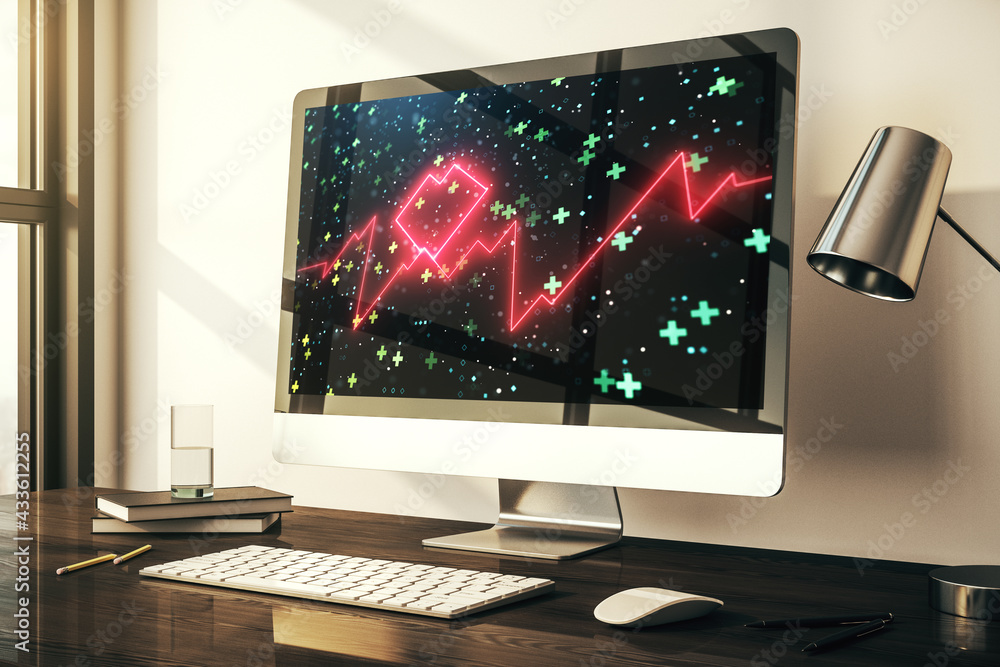 Poster modern computer monitor with creative abstract heart rate hologram. healthcare technolody concept. 3