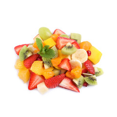 Pile of delicious fruit salad on white background, above view