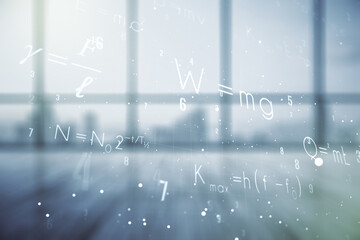 Abstract scientific formula hologram on empty classroom background. Multiexposure