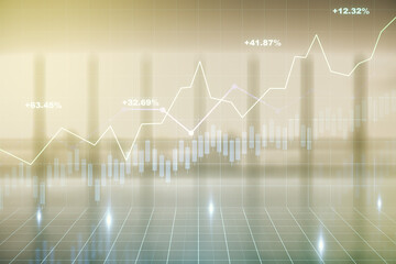 Multi exposure of abstract virtual financial graph hologram on empty corporate office background, forex and investment concept