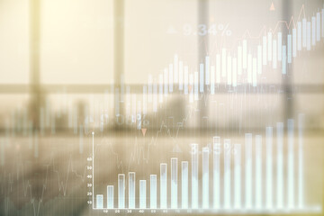 Multi exposure of virtual creative financial chart hologram on empty modern office background, research and analytics concept