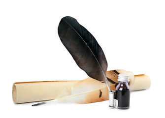 Feather pens, bottle of ink and parchment scroll on white background