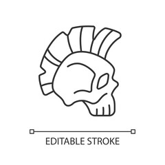 Skull with mohawk hairstyle black glyph icon. Hard rock, death metal music emblem. Bone head. Thin line customizable illustration. Contour symbol. Vector isolated outline drawing. Editable stroke