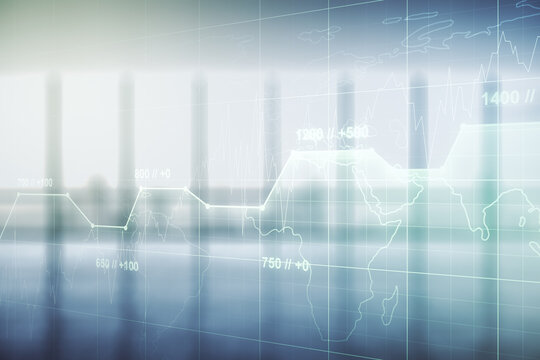 Multi exposure of creative statistics data hologram on empty modern office background, stats and analytics concept