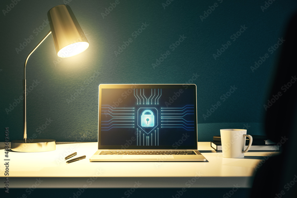 Leinwandbilder modern computer monitor with creative lock hologram and chip. information security concept. 3d rende