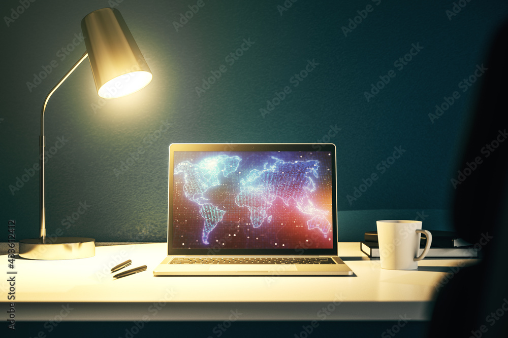 Poster modern computer screen with abstract creative digital world map, research and analytics concept. 3d 