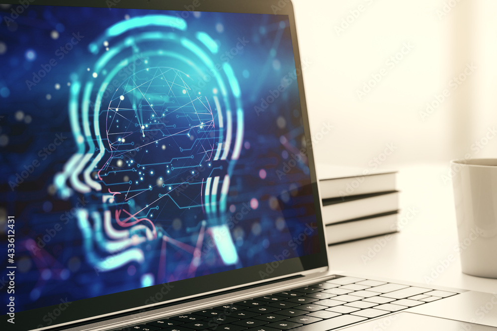 Poster creative artificial intelligence concept with human head sketch on modern computer monitor. 3d rende