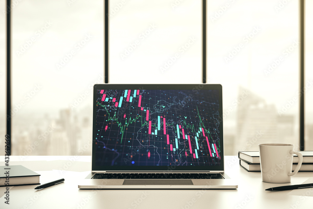 Poster creative abstract economic crisis chart with world map hologram on modern computer monitor, bankrupt