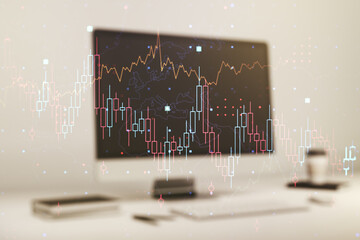 Multi exposure of abstract financial diagram on computer background, banking and accounting concept