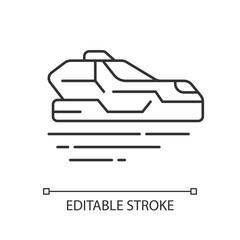 Flying car black glyph icon. Autonomous automobile. Smart driving system. Cyberpunk, sci fi game. Thin line customizable illustration. Contour symbol. Vector isolated outline drawing. Editable stroke