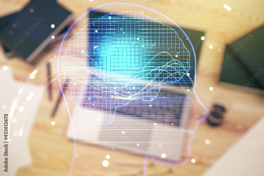 Poster double exposure of creative human head microcircuit with computer on background. future technology a