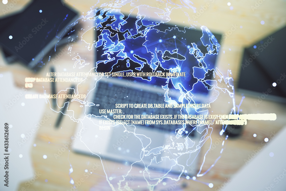 Poster abstract creative coding concept with world map on modern laptop background. multiexposure