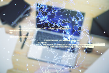 Abstract creative coding concept with world map on modern laptop background. Multiexposure