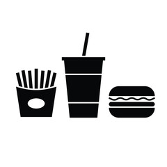 Hamburger, Soft drink and French Fries, Fast food icon sign, Silhouette flat design on white background, Vector illustration