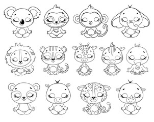 Doodle line cute cartoon animals meditate. Tropical jungle animals yoga set. Coloring pages.