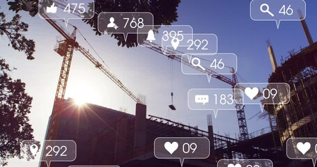 Animation of social media icons and numbers on banners over construction site