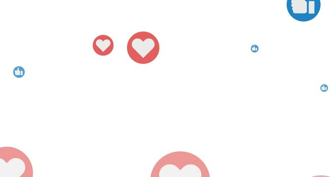 Animation of like and love social media icons on white background