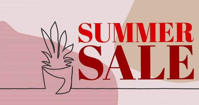 Animation of summer sale text with outlined plant on pastel background
