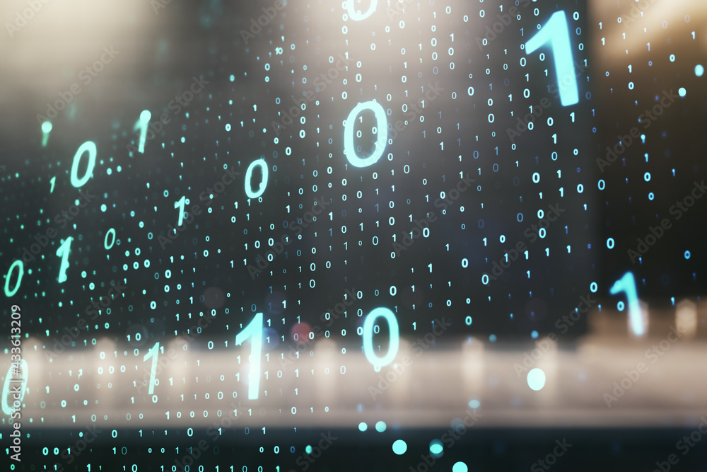 Poster abstract virtual binary code sketch on contemporary business center exterior background, hacking and