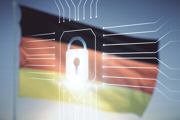 Double exposure of virtual creative lock hologram with chip on German flag and blue sky background. Information security concept