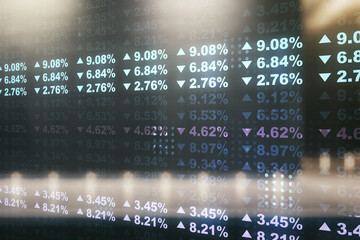 Multi exposure of abstract statistics data hologram interface on contemporary business center exterior background, computing and analytics concept