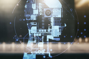 Double exposure of creative human head microcircuit hologram on contemporary business center...