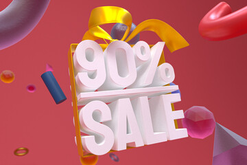 90% sale with bow and ribbon 3d design on abstract geometry background